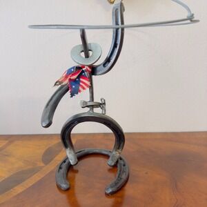 Western Cast Iron Folk Metal Art Horse Shoe Sculpture Cowboy Lasso Hat Man